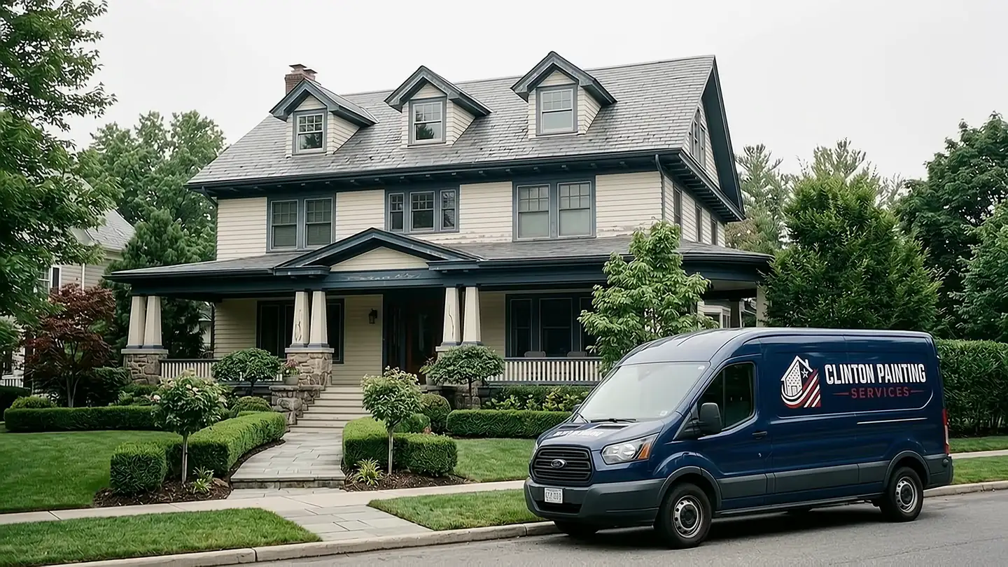 Clinton Painting Services van arriving at a Craftsman style house with a wide front porch in MetroWest, MA