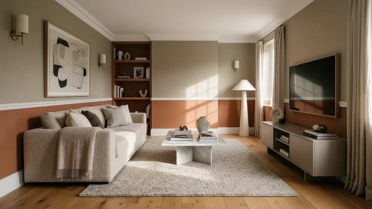 Living room after repainting, with a warm terracotta lower wall, soft greige upper wall and fresh white trim