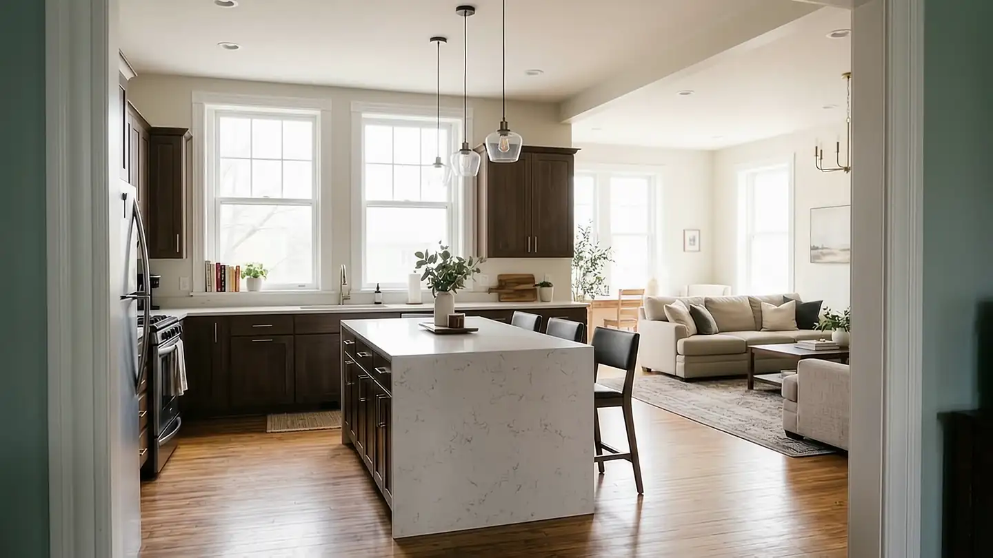 Open concept kitchen after renovation, with a marble island, dark wood cabinets and the living room beyond