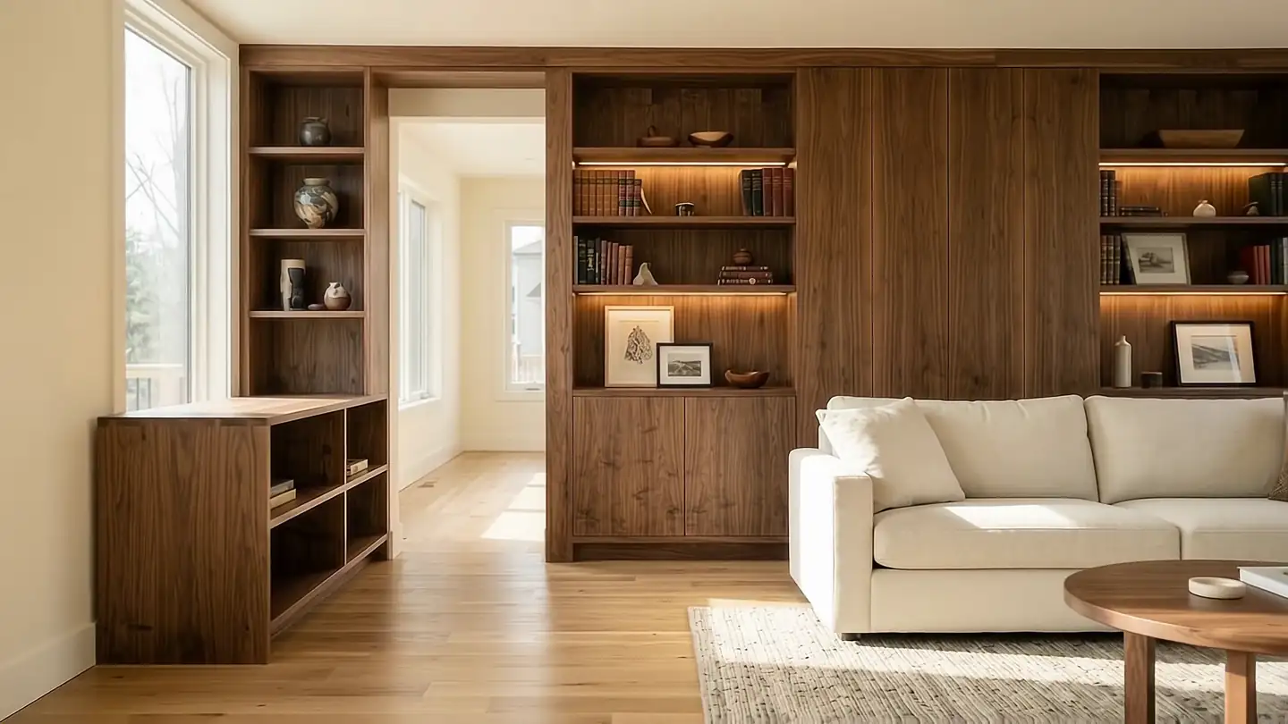 Walnut built-in shelving and cabinets installed along a living room wall, lit from a side window