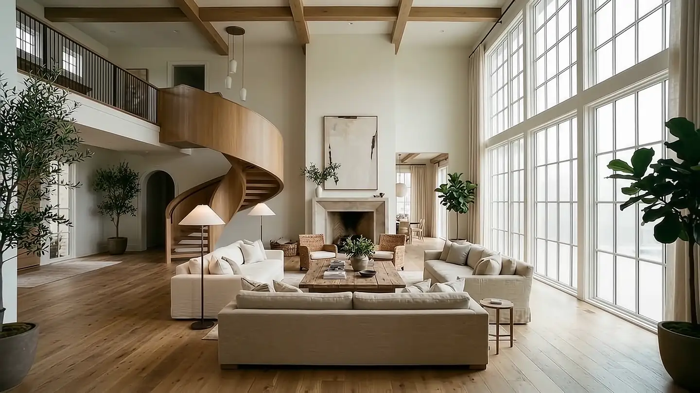 Two story great room with a curved wood staircase, stone fireplace, exposed beams and tall windows