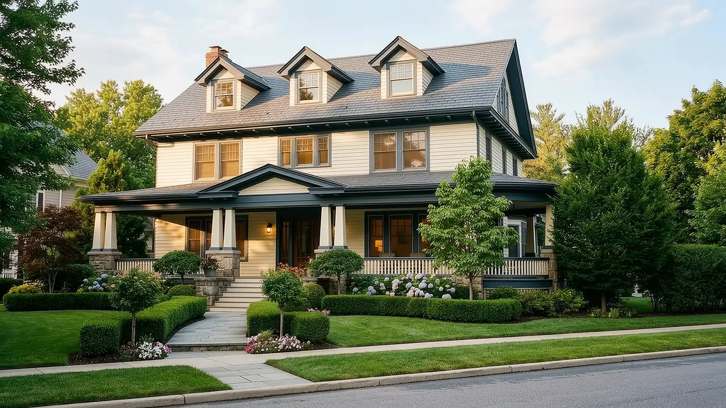 Craftsman house at golden hour after a full exterior repaint, with hydrangeas along the stone porch