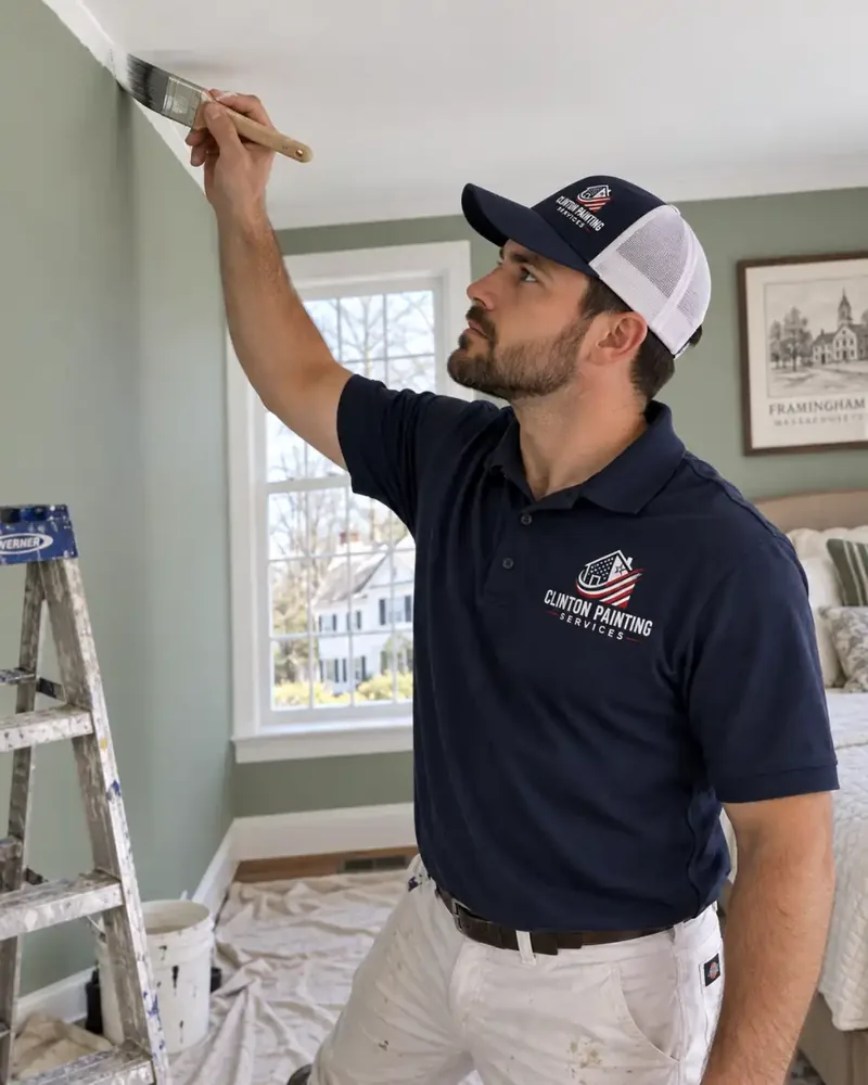 Painter cutting a straight line between a white ceiling and a sage green wall in a Framingham MA bedroom