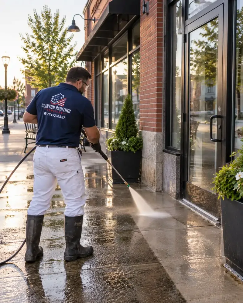Storefront sidewalk and brick entrance being pressure washed before opening hours in Waltham MA