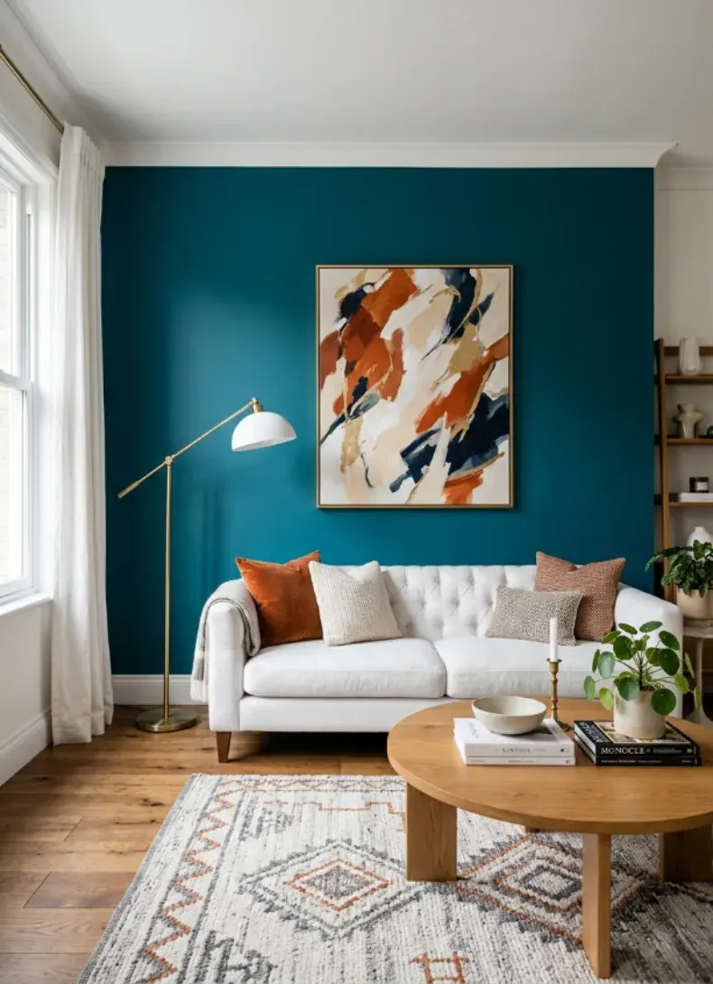 Living room with a bold teal accent wall, abstract art and a white sofa