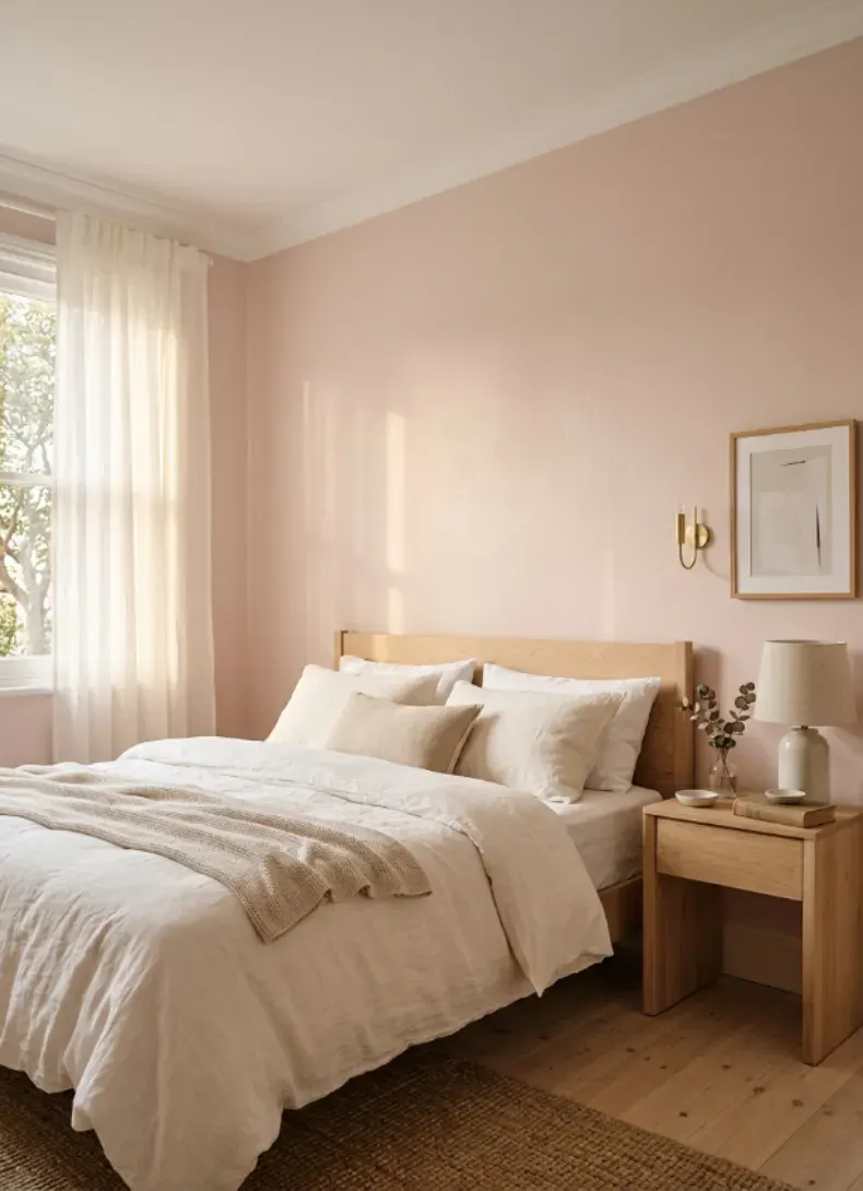 Bedroom painted in soft blush pink with ivory linen bedding and morning light