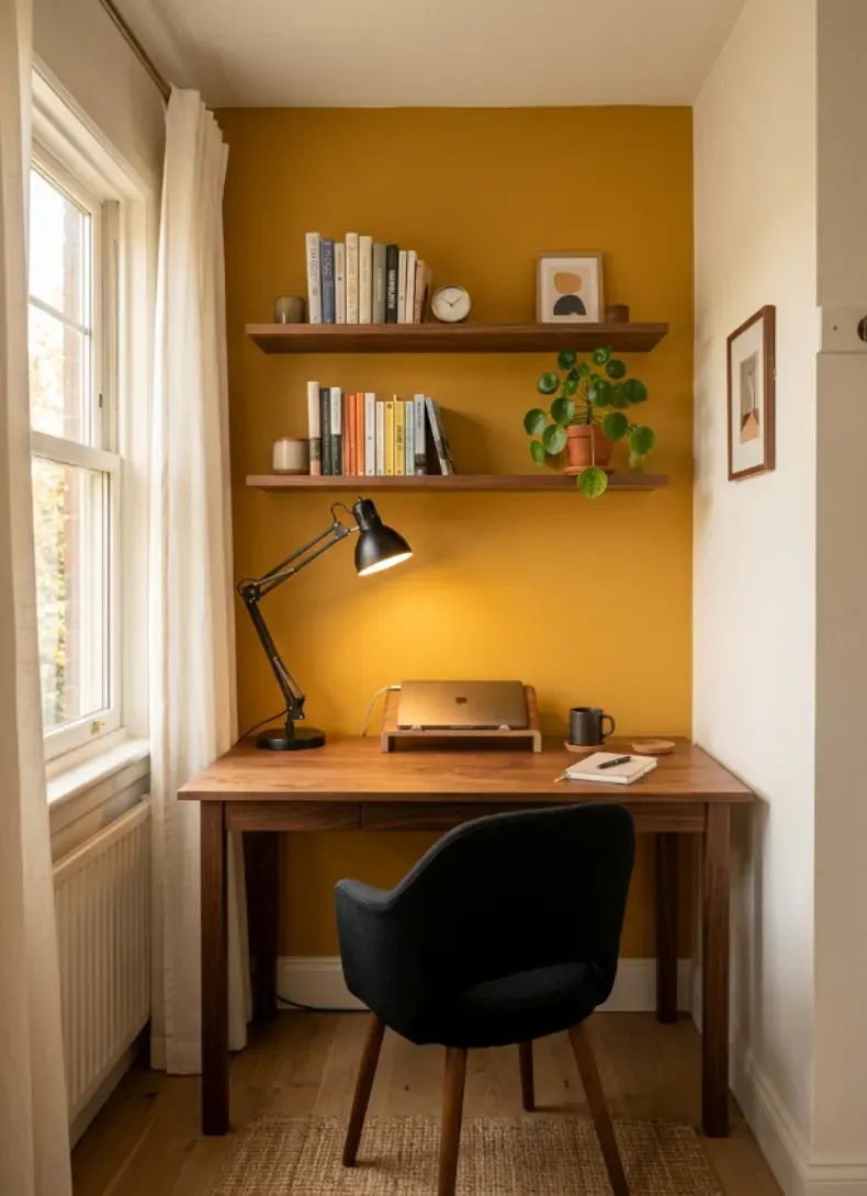 Home office nook with an ochre accent wall, walnut desk and floating shelves
