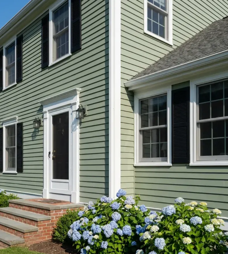 Colonial house with fresh sage green clapboard siding, white trim and hydrangeas