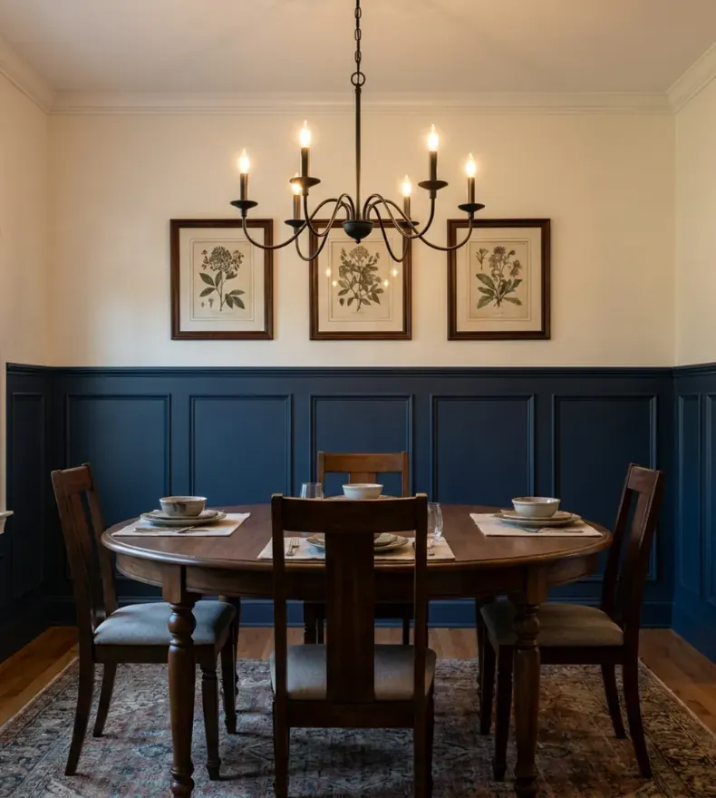 Dining room with deep navy wainscoting, walnut table and a black chandelier