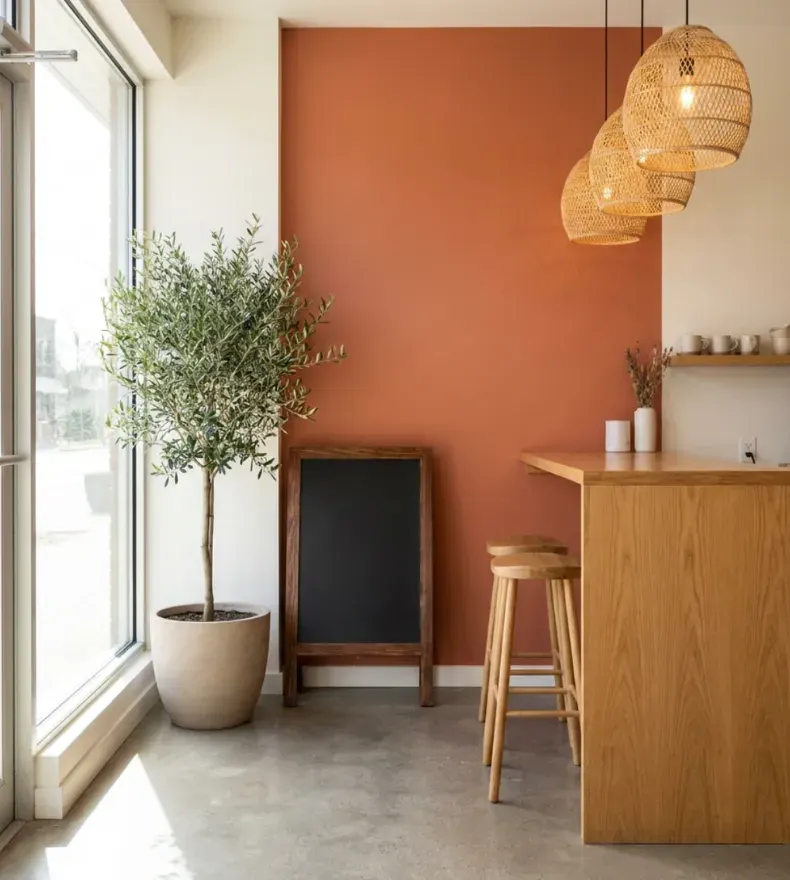 Cafe corner with a terracotta feature wall, oak counter and rattan pendants