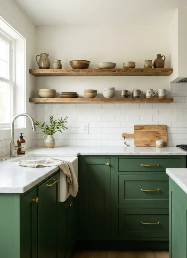 Kitchen cabinets painted forest green with white counters and open wood shelves