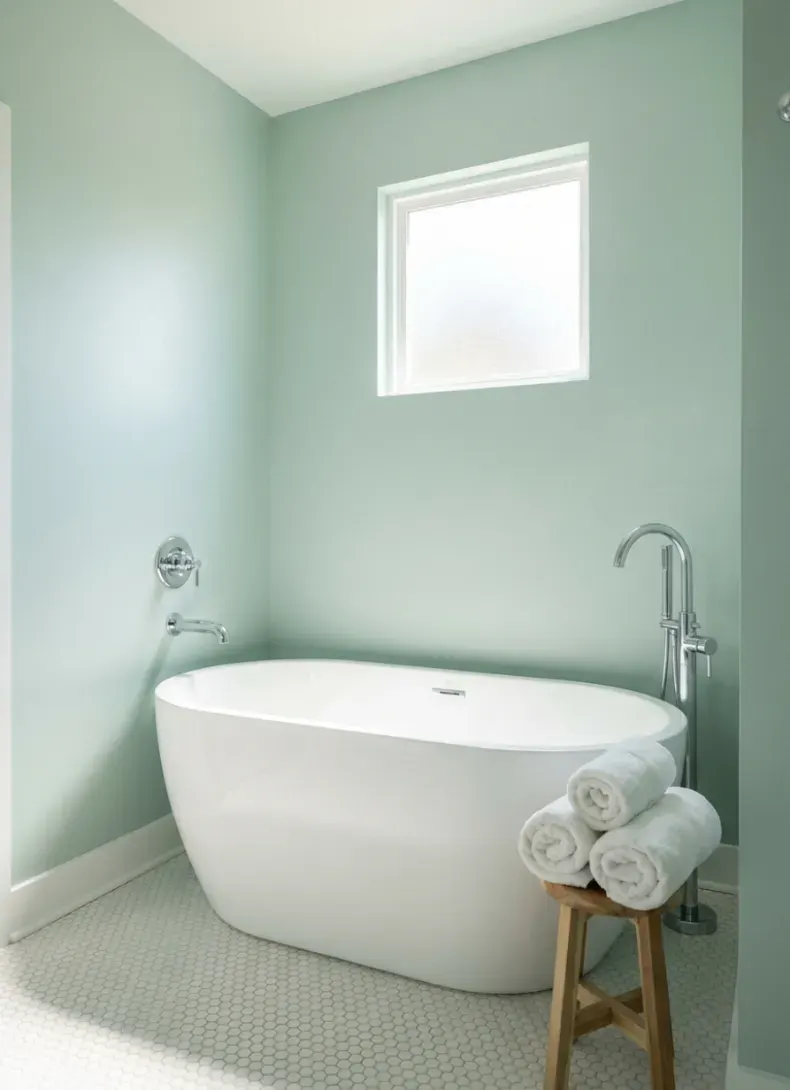 Bright bathroom with pale seafoam walls and a white freestanding tub
