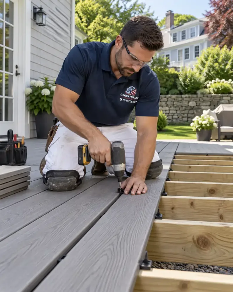 Gray composite deck boards being fastened to a wood frame on a Newton MA home
