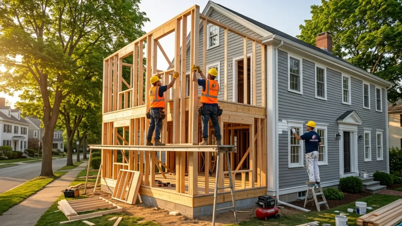 Crew in hard hats and safety vests framing a wood addition on a gray colonial home