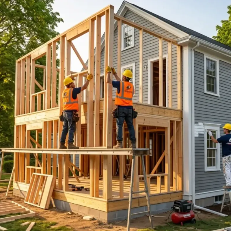 Two framers on staging raising a stud wall for a home addition in Newton MA