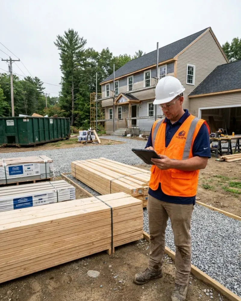 Site supervisor in a hard hat checking a tablet beside stacked lumber on an organized job site