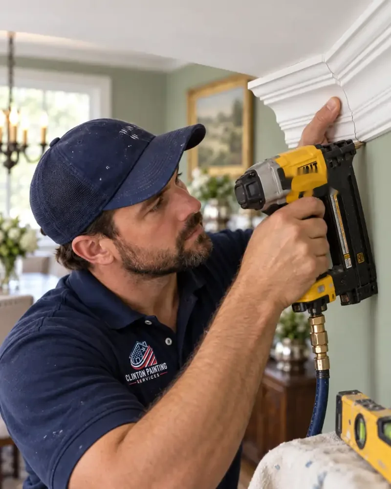 Close up of a coped crown molding corner being nailed in place in a Newton MA dining room
