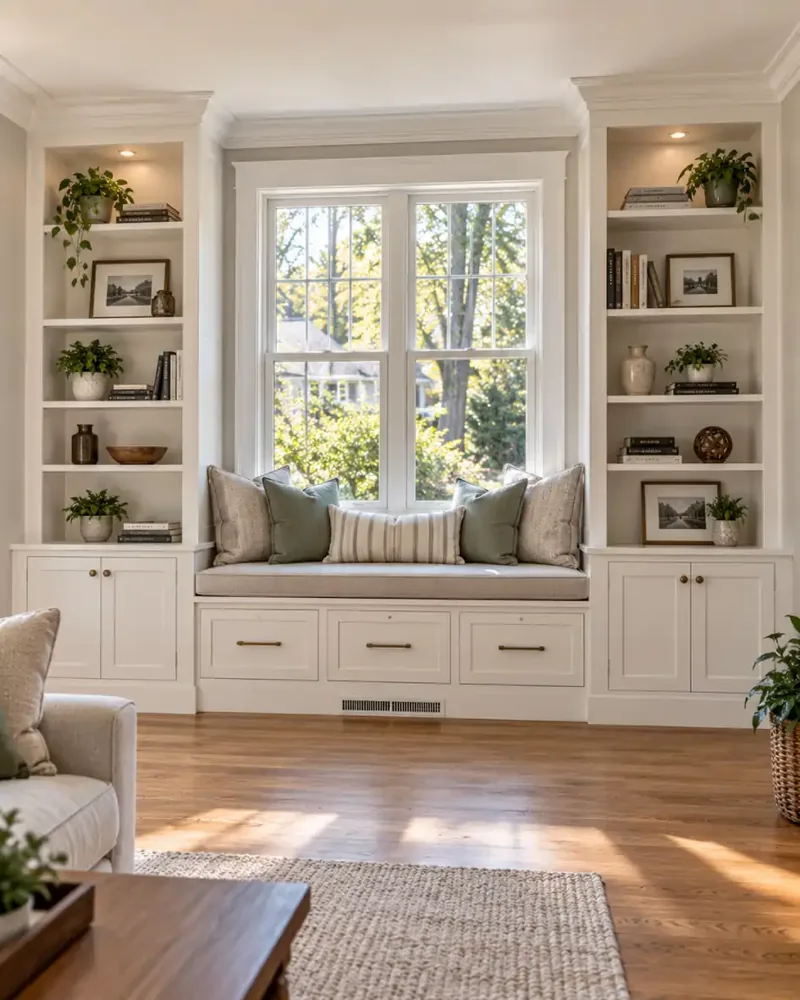 Custom painted bookcase built-ins flanking a window seat in a Newton MA family room