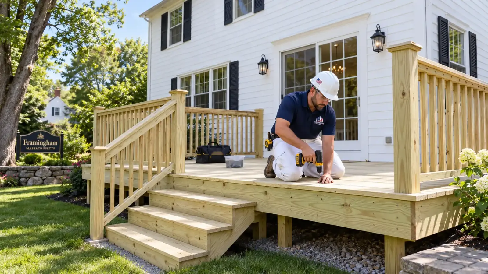 New pressure treated wood deck with stairs and railings behind a Framingham MA colonial, boards freshly laid