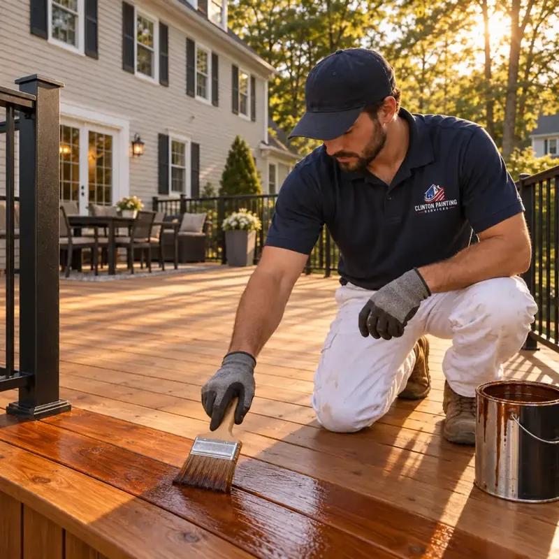 Freshly stained wood deck with new railings behind a Framingham MA home
