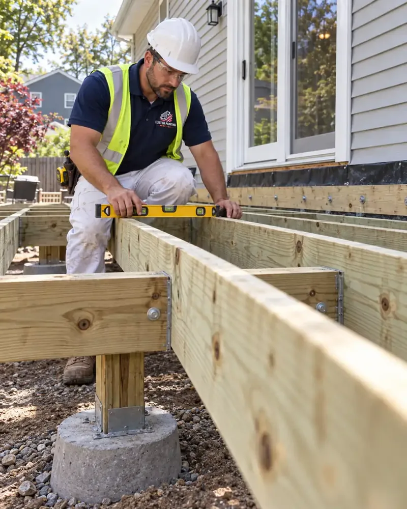 Deck frame of joists and beams on new footings behind a Framingham MA home before the decking goes on