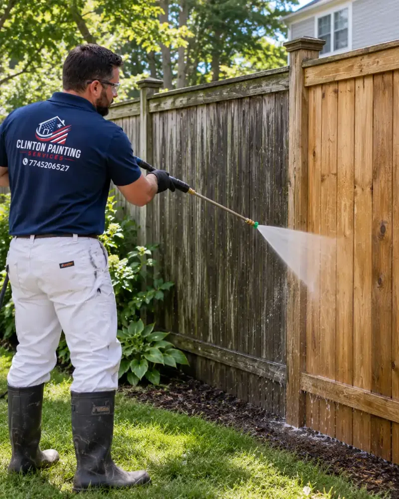 Gray weathered cedar fence in Framingham MA being washed back to its natural color, one section done