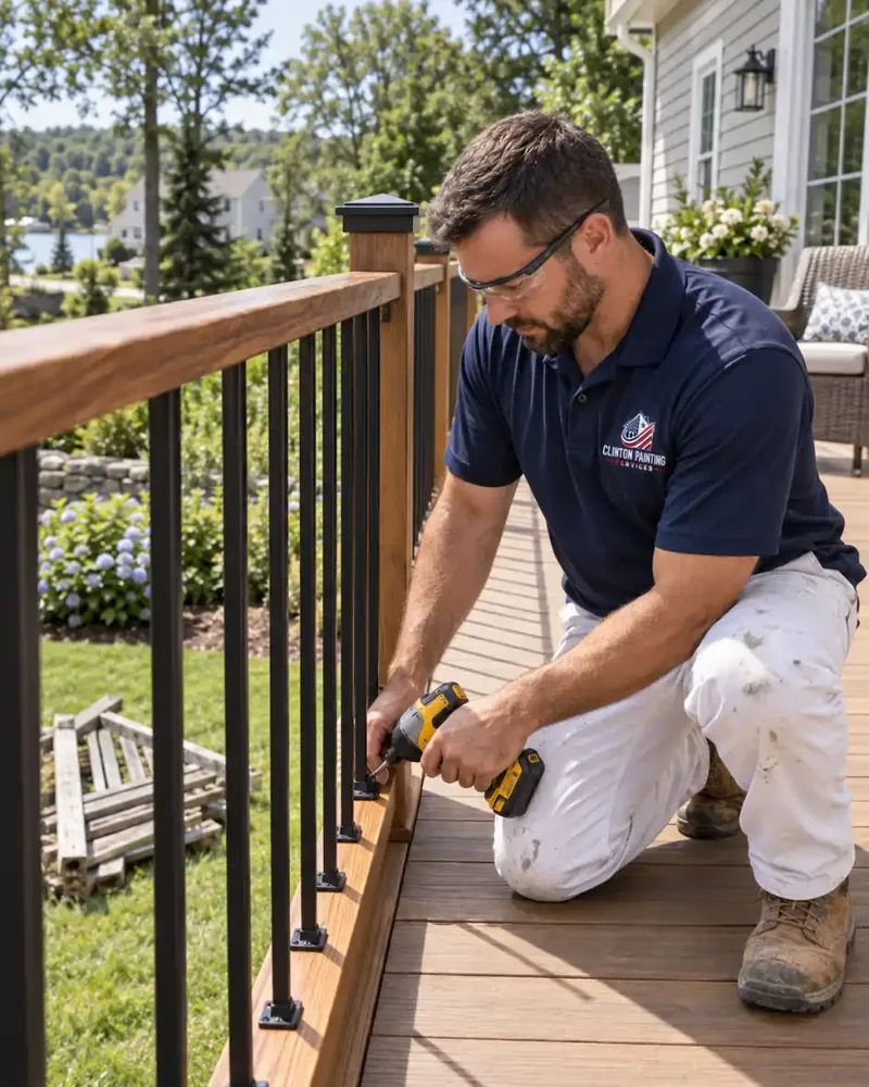 New black metal balusters and a wood top rail installed on a MetroWest MA deck