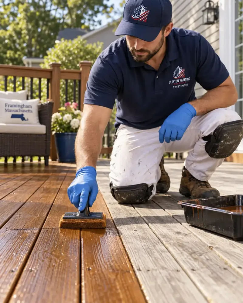 Semi transparent stain being rolled onto weathered deck boards in a Framingham MA backyard, half the deck already finished