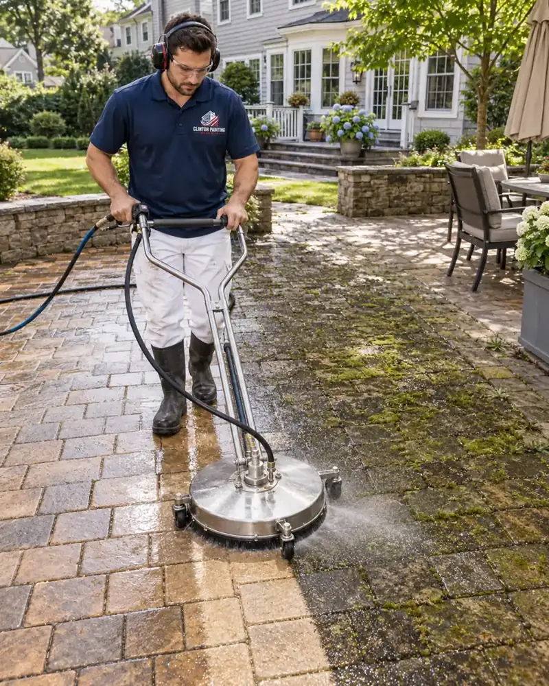 Surface cleaner running over a paver patio in Newton MA, a clean stripe cutting through the moss