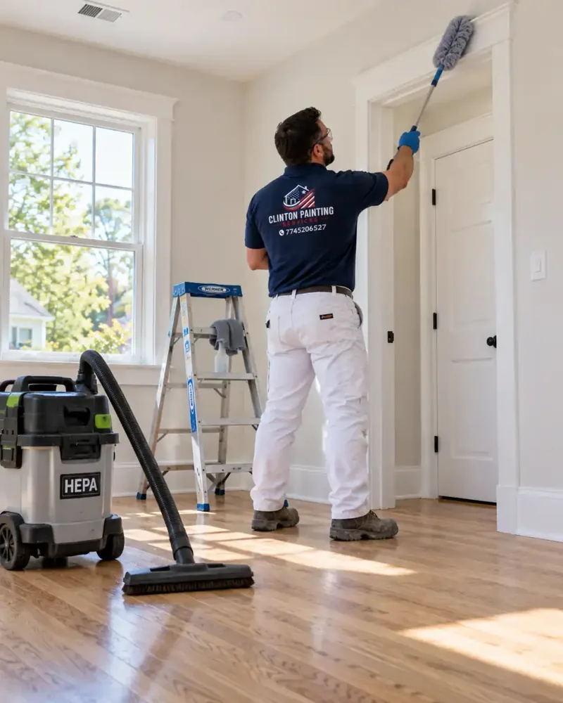 HEPA vacuum on a new oak floor beside a ladder in a just painted Newton MA bedroom