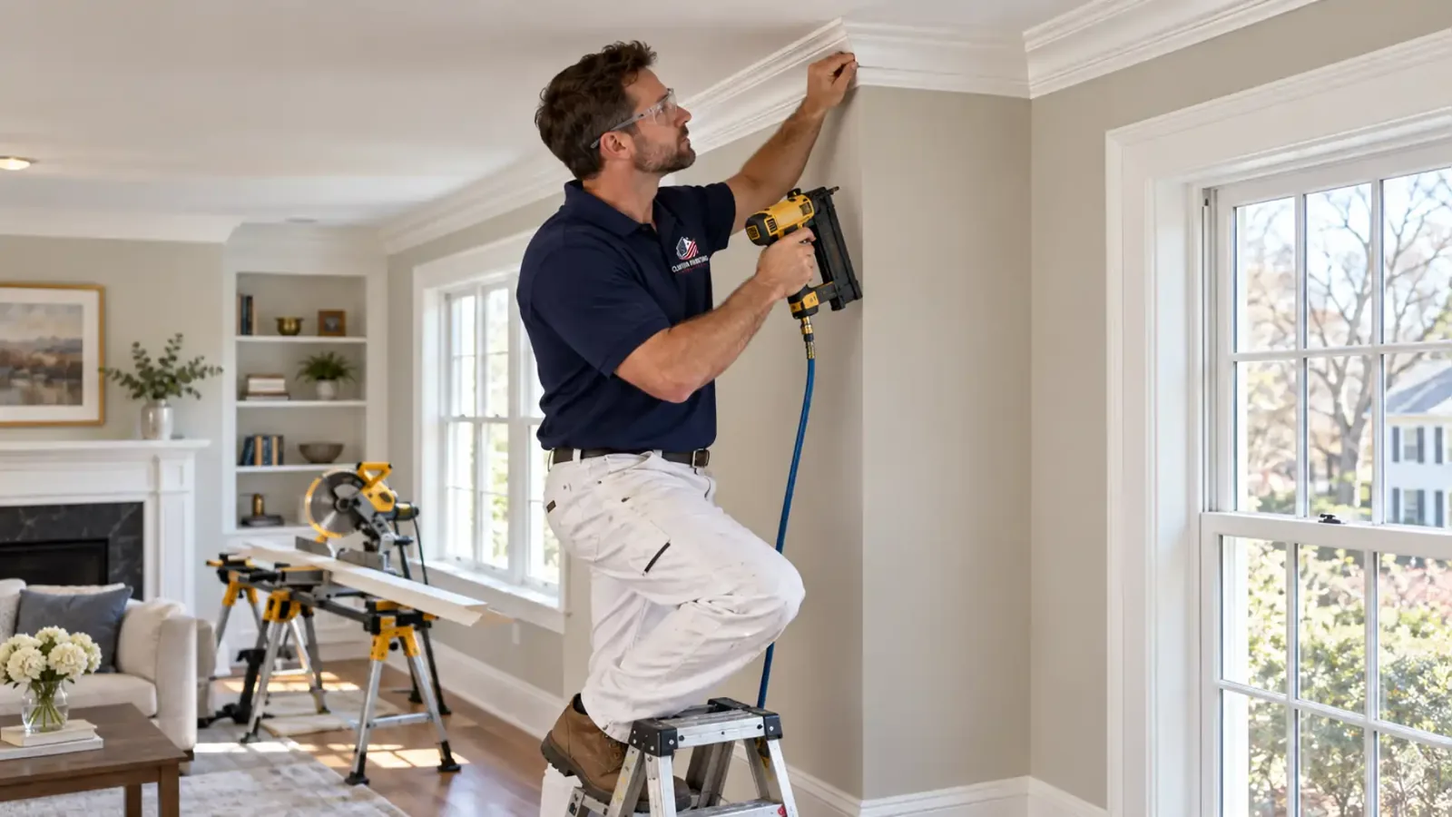 Finish carpenter fitting crown molding in a Newton MA living room with tall white baseboards and casings