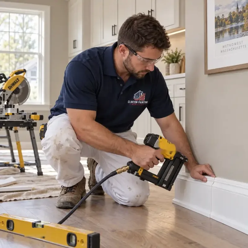 Carpenter fitting white baseboard trim against a freshly painted wall in a MetroWest MA home