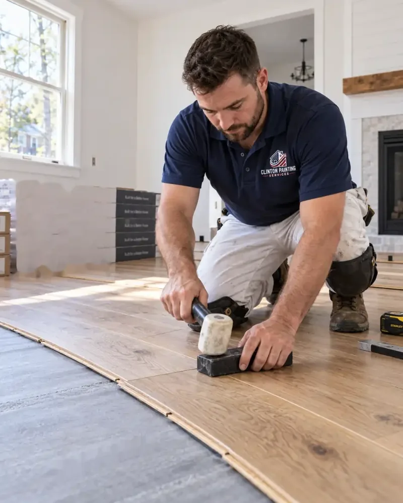 New engineered oak flooring being laid in a remodeled MetroWest MA living room with the walls freshly primed