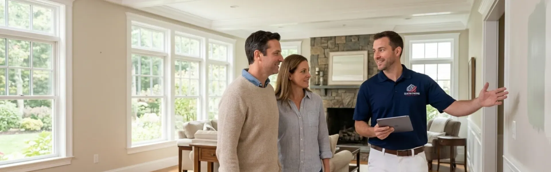 Estimator in a Clinton Painting polo walking a bright living room with a homeowner couple during a free estimate