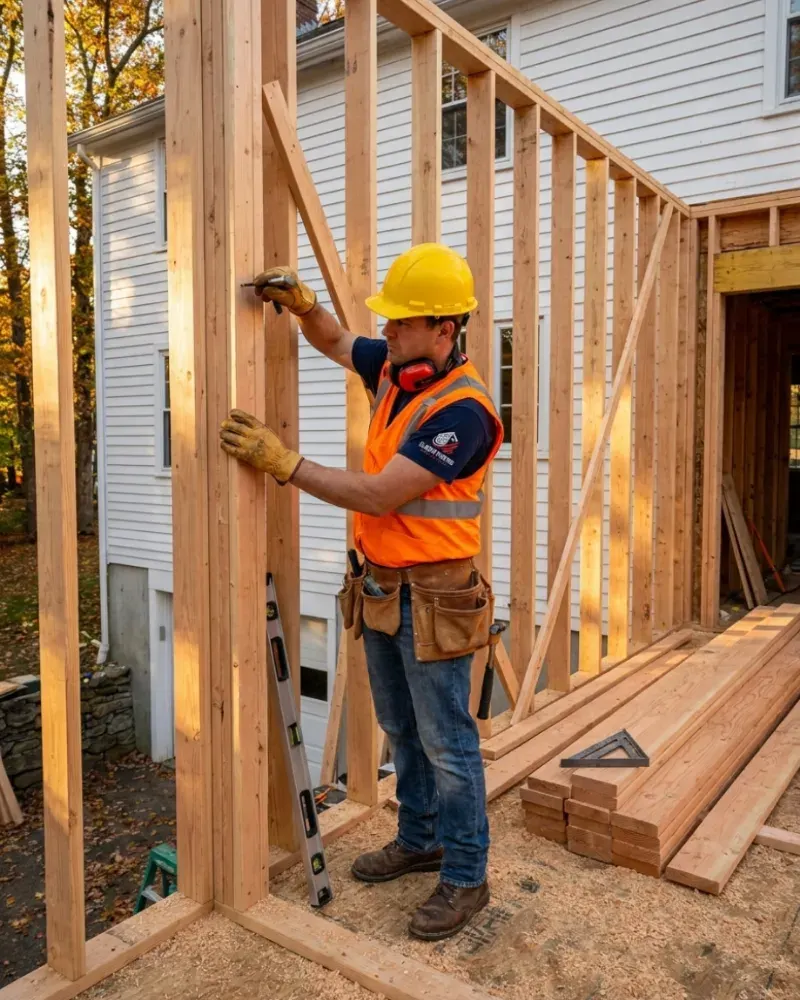 Carpenter in a hard hat and safety vest nailing the wood framing of a room addition