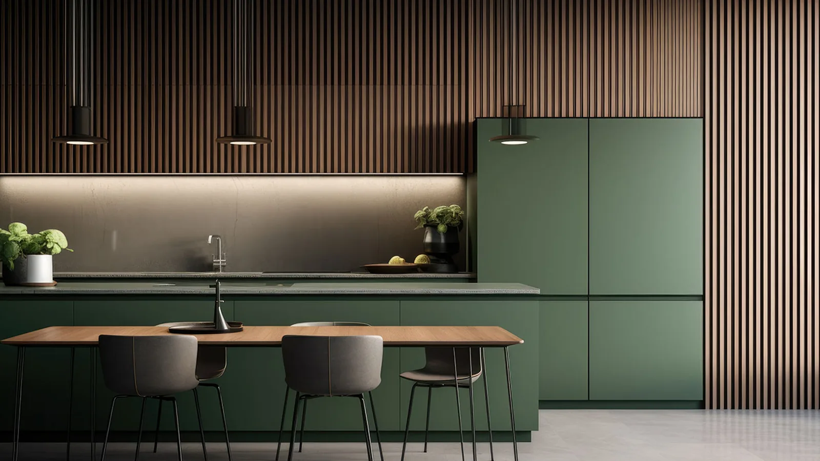 Remodeled kitchen in a Framingham MA home with deep green cabinetry and wood detailing