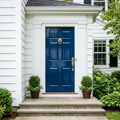 Front door painted glossy navy with brass hardware on a white colonial
