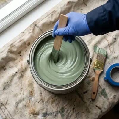 Gloved hand stirring a can of sage green paint on a drop cloth