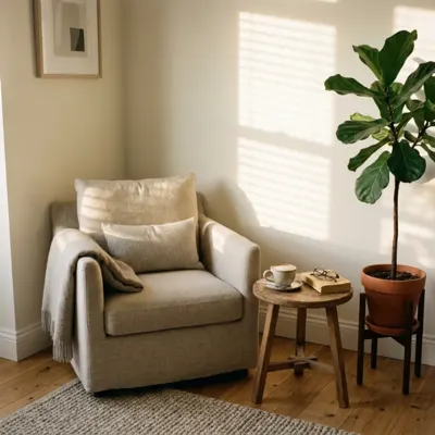 Warm white living room corner with an armchair in afternoon light