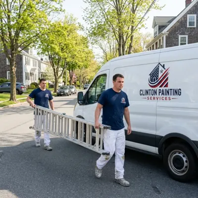 Two painters carrying a ladder past the Clinton Painting Services van