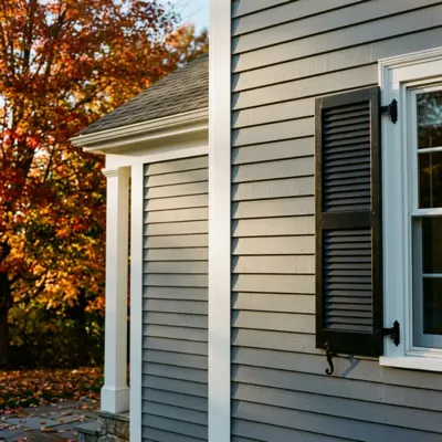 Gray clapboard corner with black shutters against red fall foliage