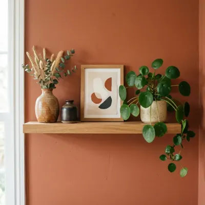Styled wood shelf against a terracotta painted wall