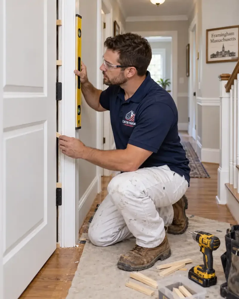 Carpenter hanging a new white prehung interior door in a Framingham MA hallway