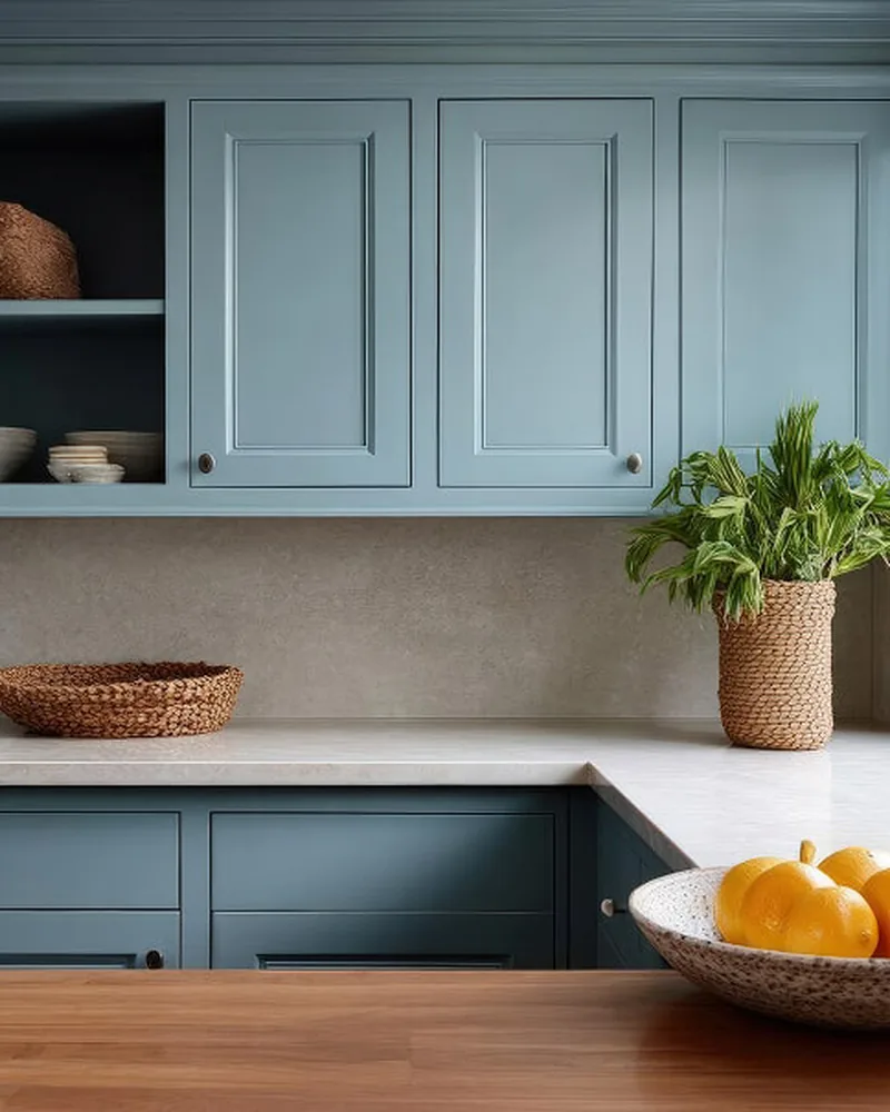 Kitchen cabinets refinished in place in a soft blue in a MetroWest Massachusetts home