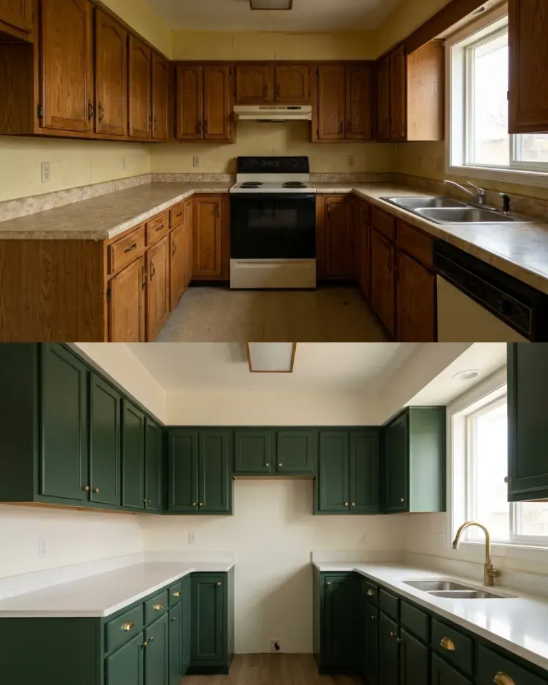 Before and after of a kitchen: dated oak cabinets above, the same kitchen repainted deep green below