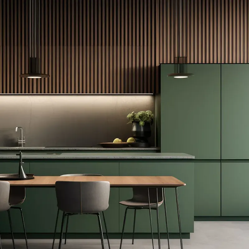 Renovated kitchen with forest green cabinets and a wood slat wall in Framingham MA