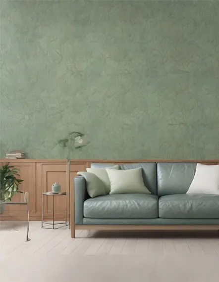 Living room with a sage limewash feature wall above a green sofa and wood wainscoting