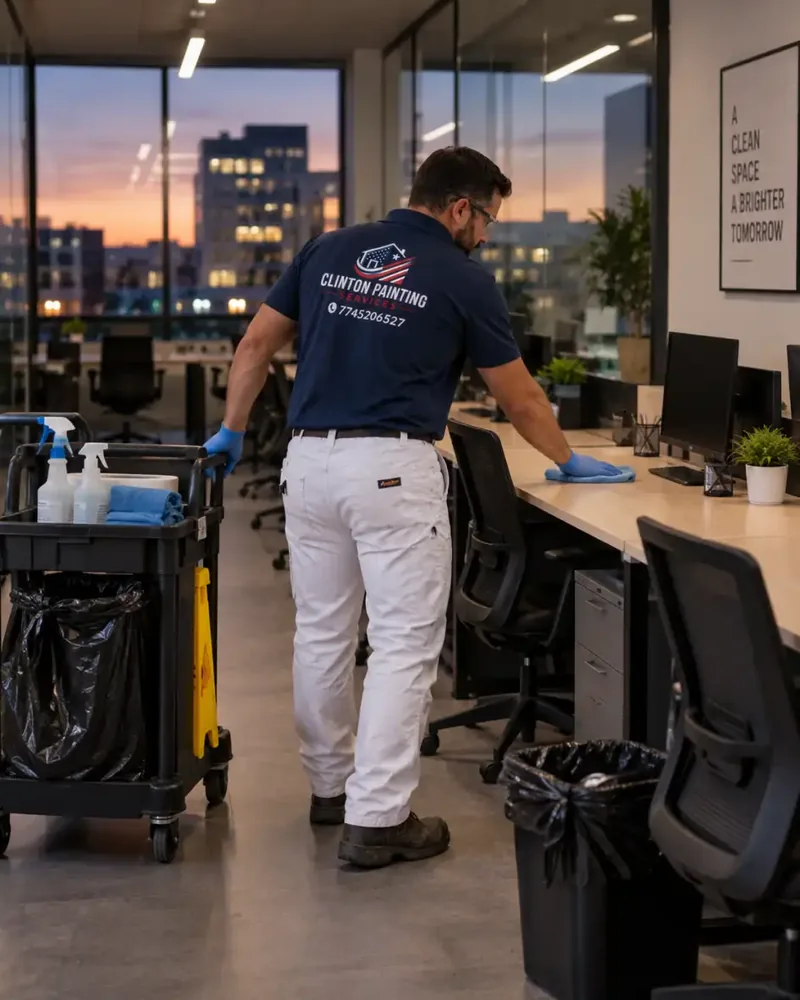 Empty office in Newton MA being cleaned after hours, desks wiped and lights dimmed