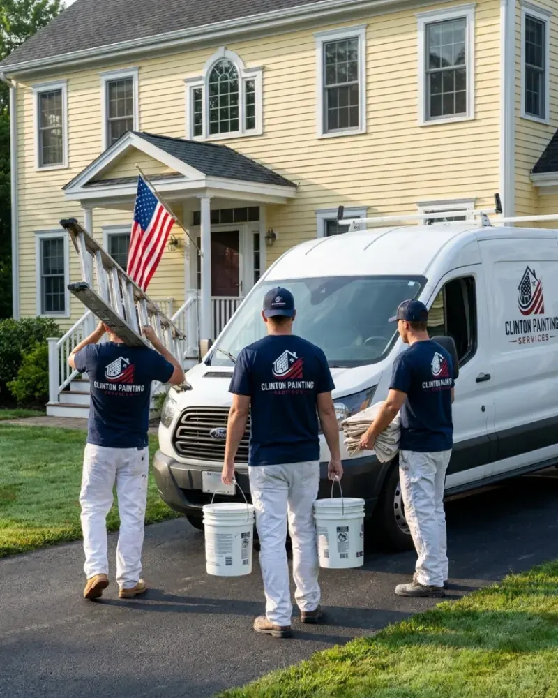 Painting crew in navy Clinton Painting shirts unloading a white work van in front of a yellow colonial house