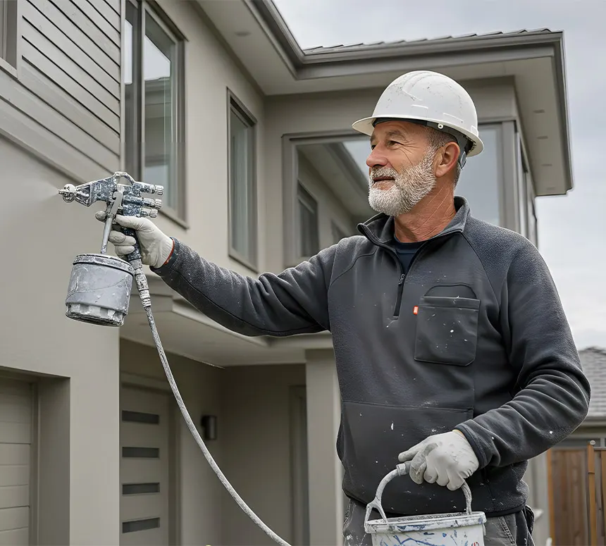 Painter in a white helmet spray painting the exterior wall of a gray house